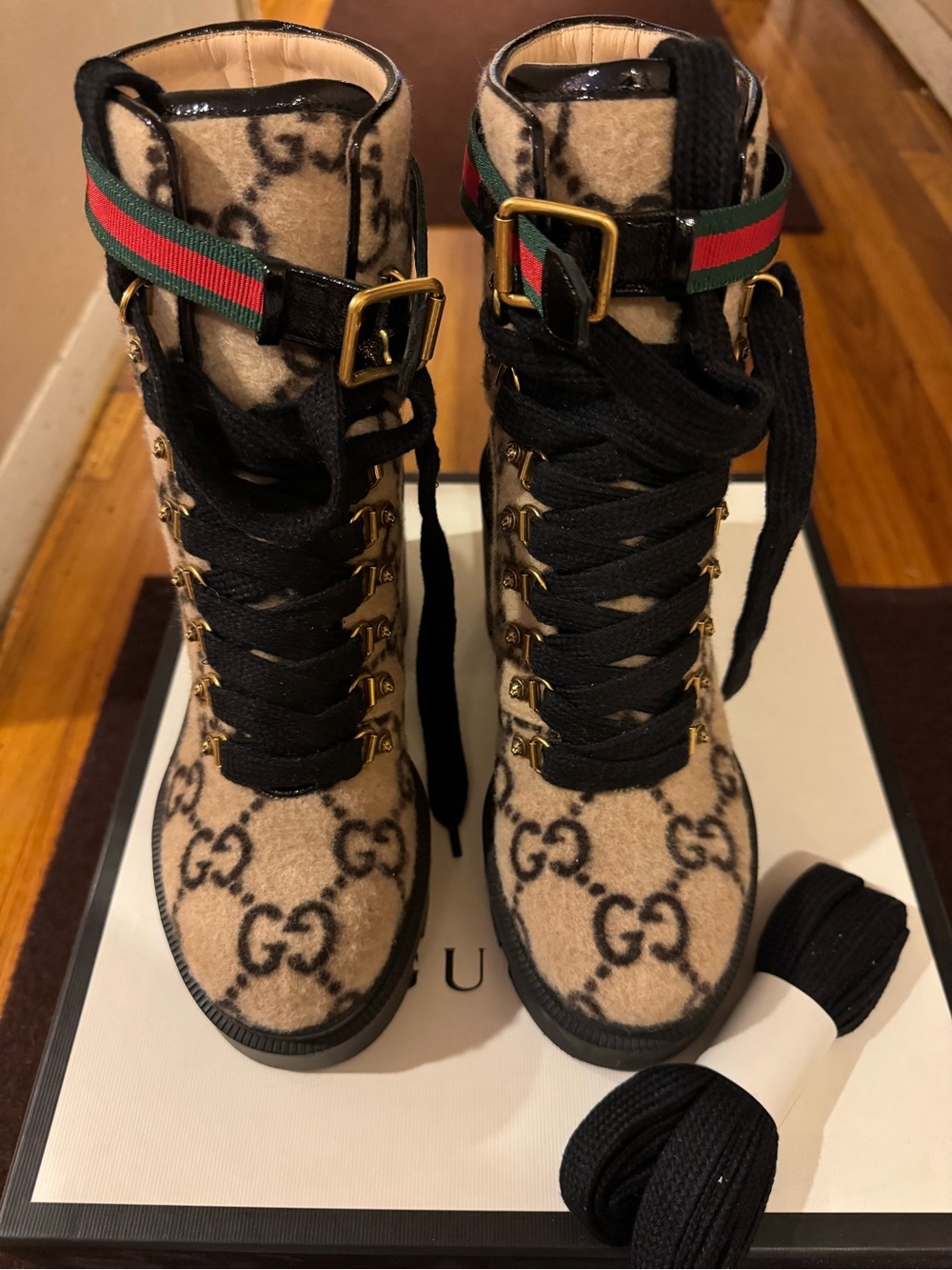 Gucci Beige GG Wool Lace-Up Ankle Boots with Web Stripe and Gold Buckles